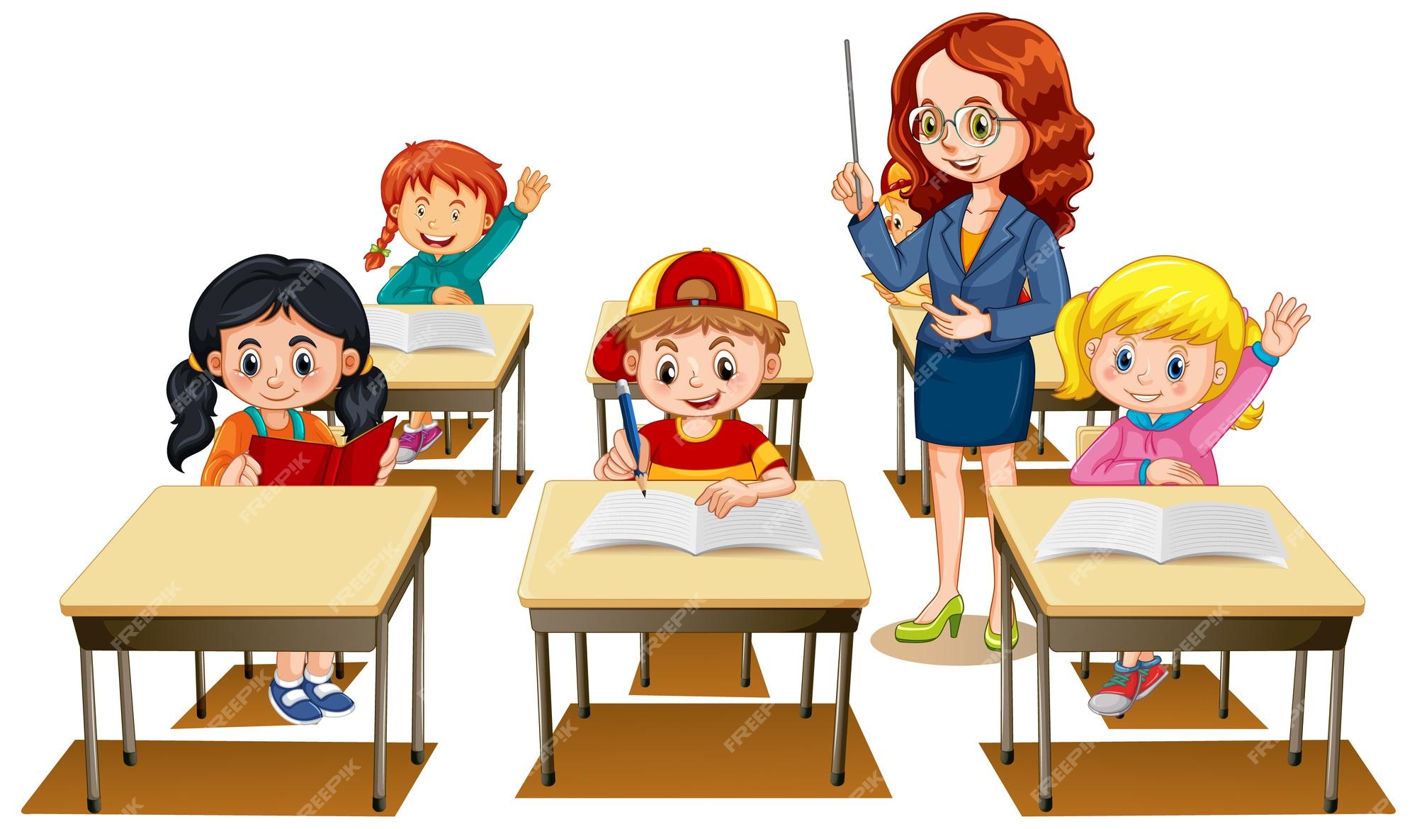 Free Vector | Students raising their hands with a teacher on white  background