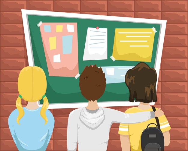 Premium Vector Students stand in front of the bulletin board at school.
