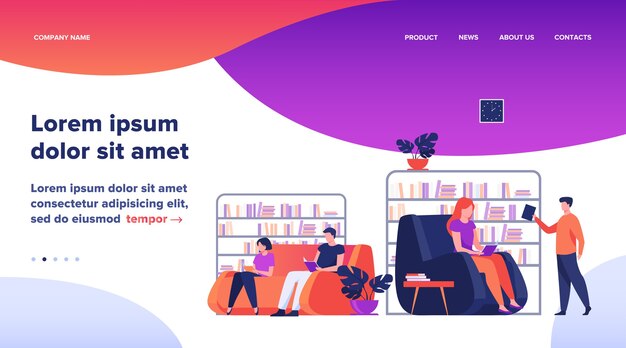 図書館で勉強し、読む学生。本棚と本棚のフラットベクトル図でソファーに座っていた人。教育コンセプトのウェブサイトのデザインや着陸のウェブページ