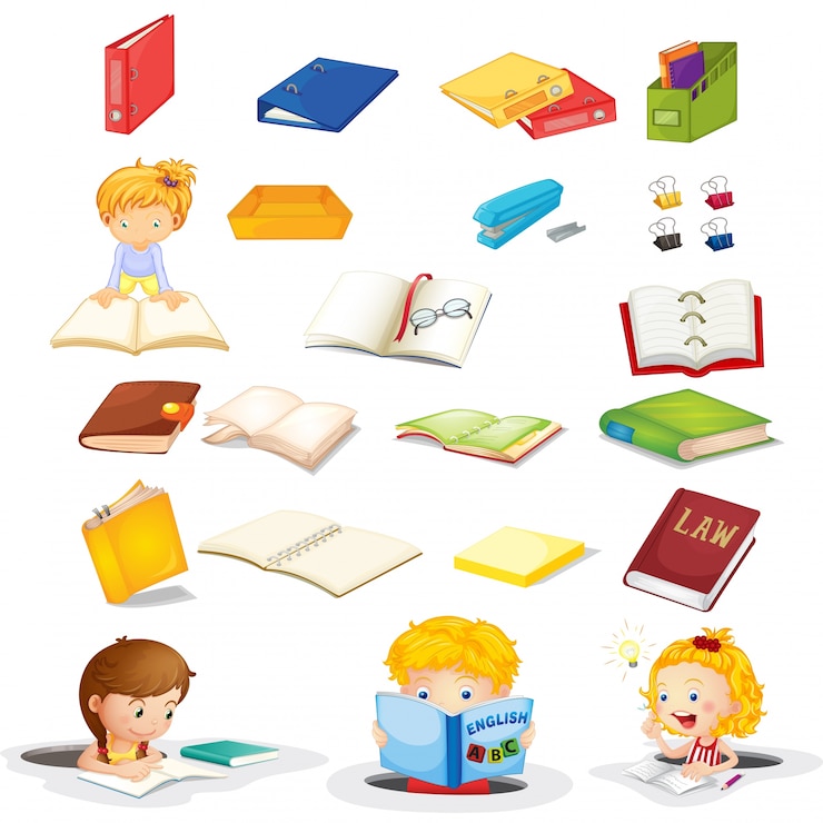 Free Vector students and their school supplies