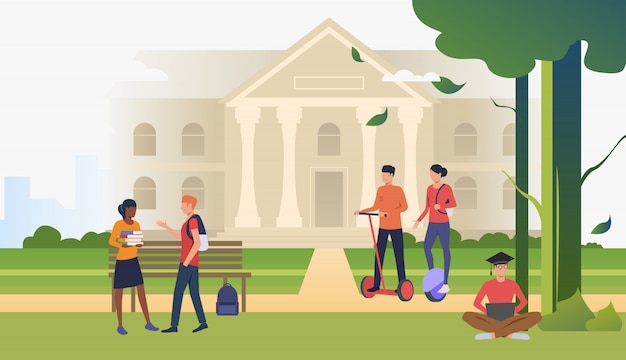 Students walking and chatting in campus park – Free Vector Template for Download