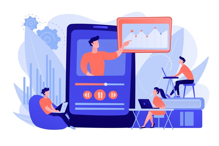 Free Vector students watching online training video with teacher and chart on tablet