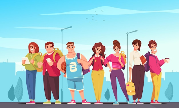 Бесплатное векторное изображение Студенты с рюкзаками мультяшный плакат на векторной иллюстрации городской улицы