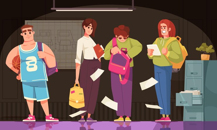 Free Vector students with backpacks cartoon poster in school interior vector illustration
