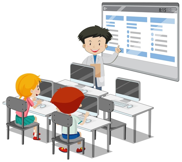 Students with computer classroom elements on white background