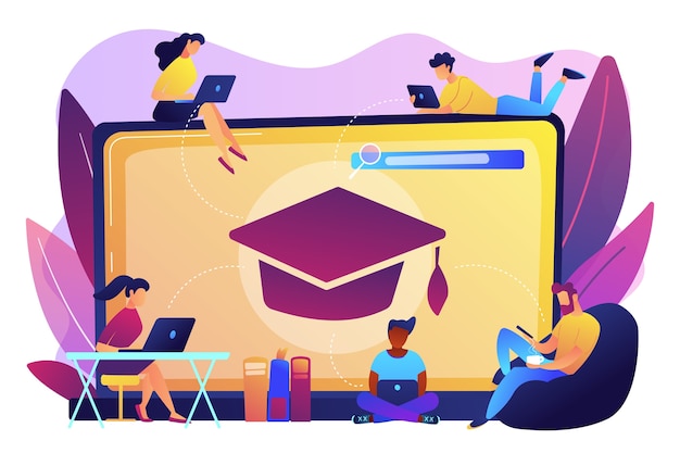 Studenti con laptop che studiano e enorme laptop con tappo di laurea. corsi online gratuiti, corsi di certificazione online, concetto di scuola di business online.