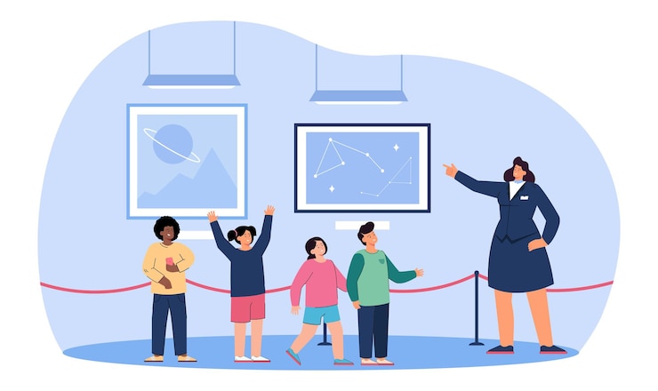 Free Vector students with teacher watching astronomy exhibition in museum. female guide teaching group of happy children on weekend science tour flat vector illustration. education, trip to gallery concept