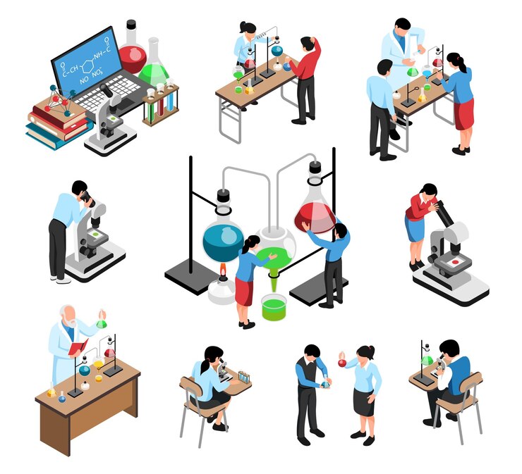 Free Vector students working in school science lab on chemical experiments isometric set isolated on white background vector illustration