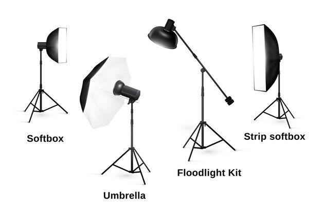 隔離されたスタジオ照明器具。スポットライトとランプ、フラッシュとプロの技術写真