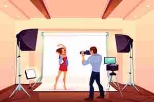 Free vector studio photo shoot with model posing on backstage