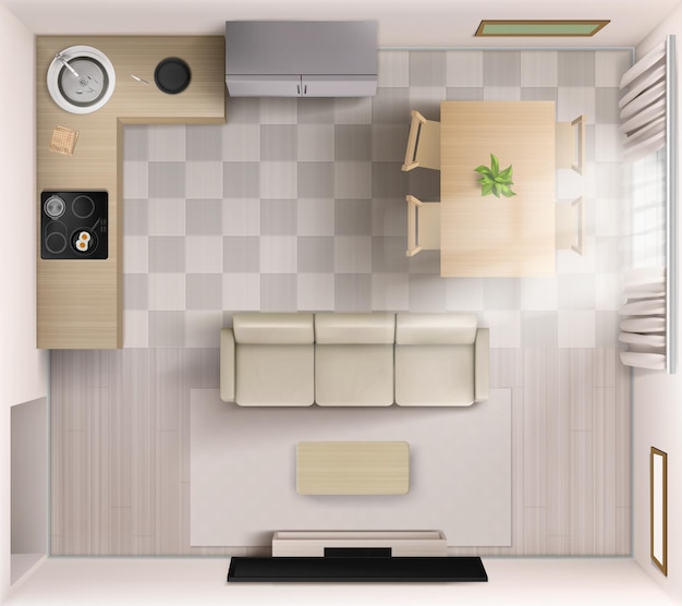 Free vector studio room interior top view sofa tv and coffee table kitchen