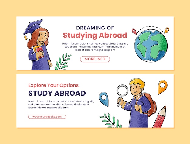 Vettore gratuito modello di banner orizzontale per studi all'estero