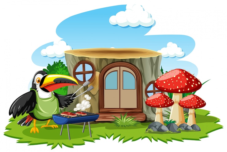 Free Vector stump house with cute bird cartoon style on white background