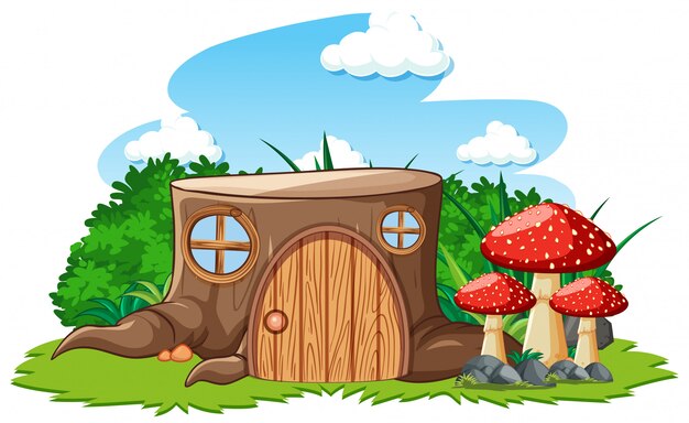 Stump house with mushroom in cartoon style on white background