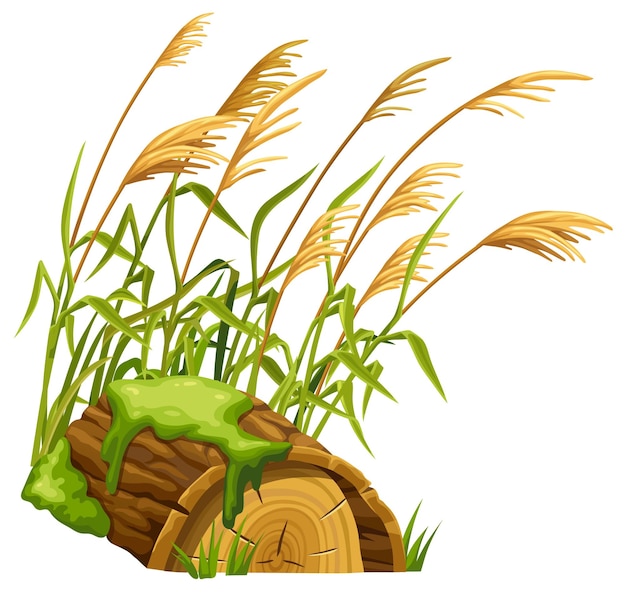 Бесплатное векторное изображение Пень во мху с тростником мультяшный рогоз в болоте сломанное дерево в грибке и камыше