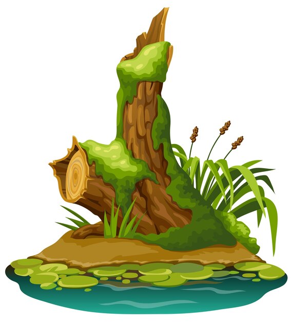 Stump in moss in marsh Cartoon log in swamp jungle Broken tree water lily