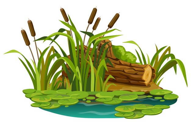Stump in moss in marsh Cartoon log in swamp jungle Broken tree water lily