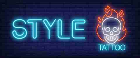 Free vector style neon text with skull on fire