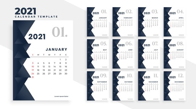 Elegante design moderno del calendario 2021 in bianco e nero