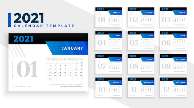 Stylish 2021 new year calendar template in blue color theme