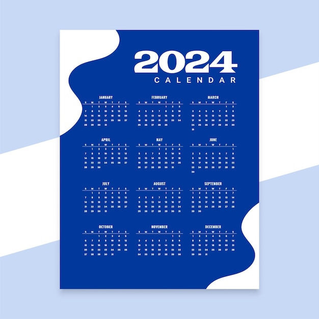 무료 벡터 세련된 2024 새해 달력 파란색 템플릿 전체 페이지 디자인 벡터