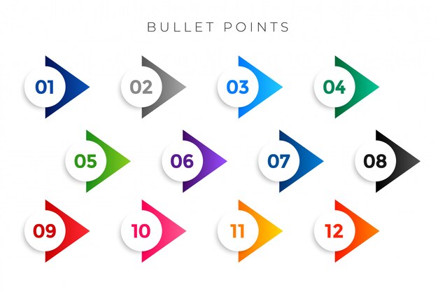 Stylish arrow bullet points numbers from one to twelve