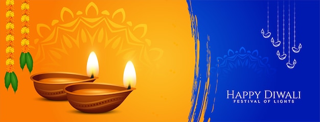 Stylish banner design for happy diwali festival with lamps