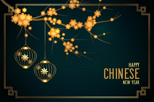 Stylish chinese new year flower background with lantern