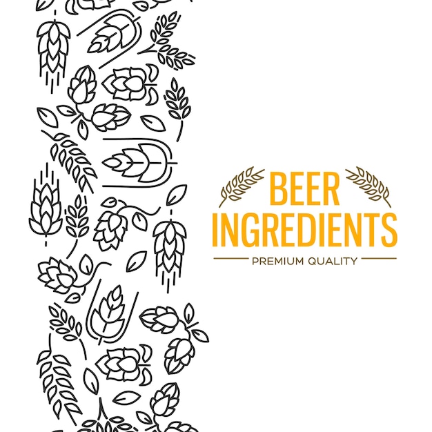 Stylish design card with images to the left of the yellow text beer ingredients of flowers, twig of hops, blossom, malt