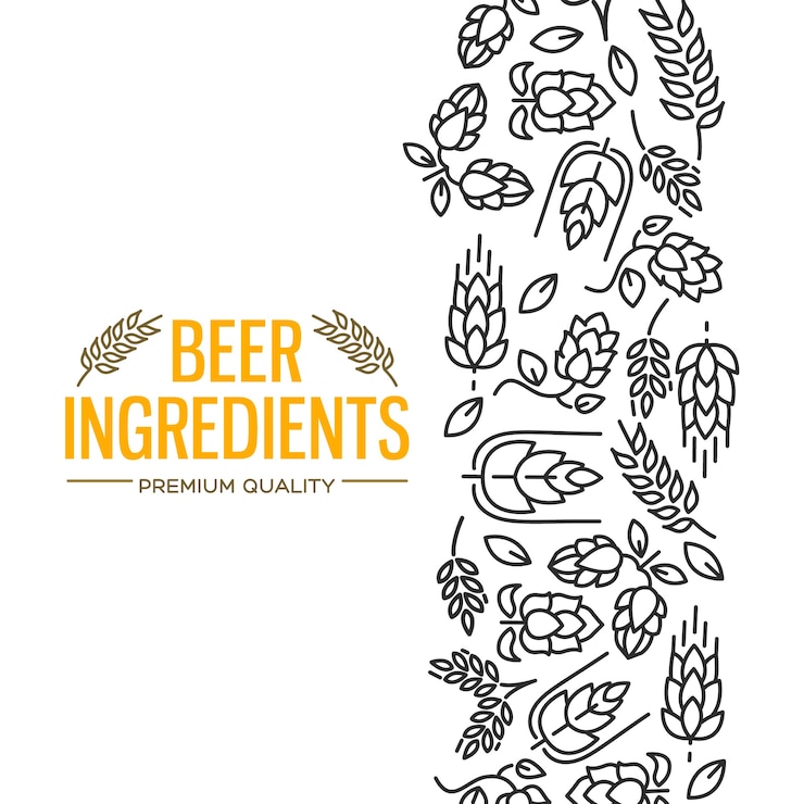 Free Vector stylish design card with images to the right of the yellow text beer ingredients of flowers, twig of hops, blossom, malt