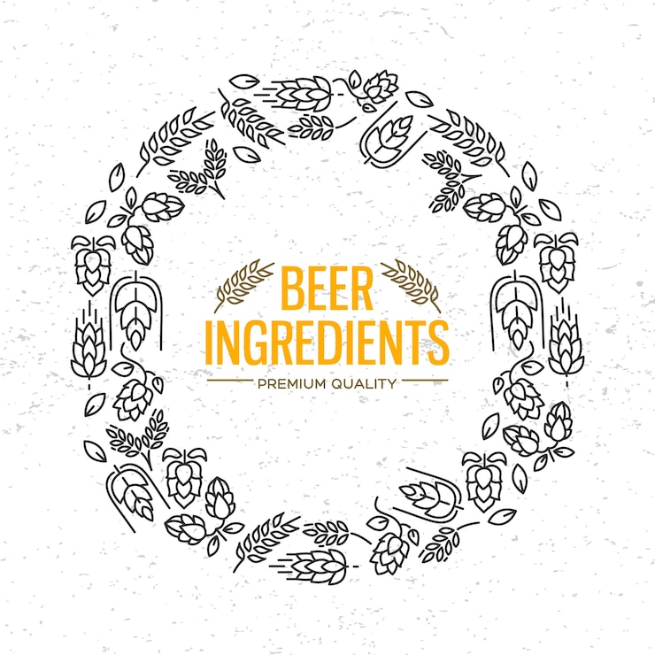 Free Vector stylish design round frame with icons of flowers, twig of hops, blossom, malt around the words beer ingredients in the centre