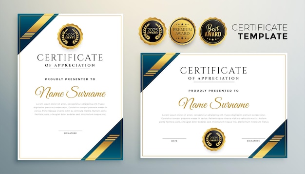 Free vector stylish diploma certificate multipurpose template in premium golden style