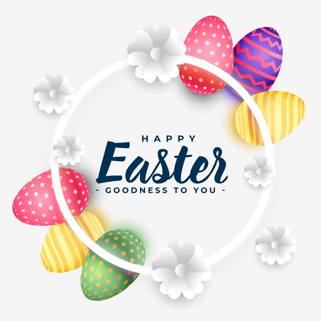 Stylish happy easter holiday card with 3d colorful eggs and flowers