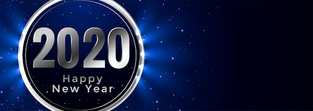 Stylish happy new year 2020 glowing blue banner