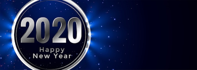 Stylish happy new year 2020 glowing blue banner 