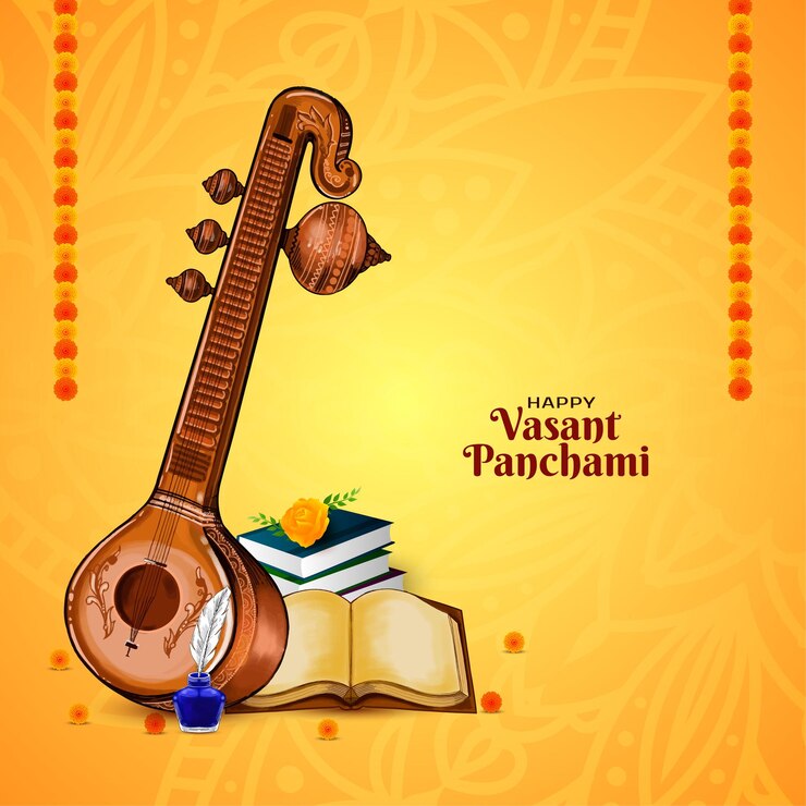 मुफ़्त वेक्टर stylish happy vasant panchami indian festival greeting card with veena