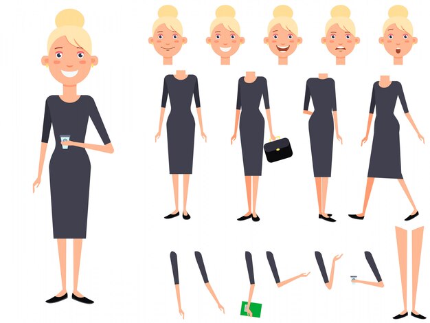 Stylish lady character set with different poses, emotions