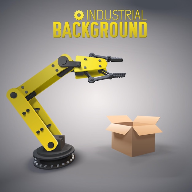 무료 벡터 공장에서 노란색 로봇 팔이있는 세련된 제조 구성은 제품을 상자에 포장합니다.