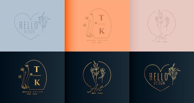 Stylish monogram logos in floral line minimalist style