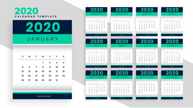 2020 년을위한 세련된 새해 달력 layour 템플릿 디자인