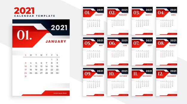 Stylish red black 2021 calendar design template