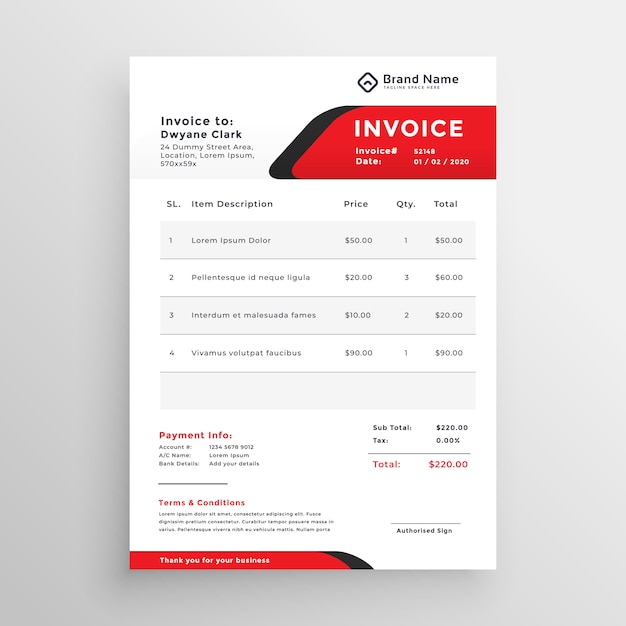 Free vector stylish red theme invoice template