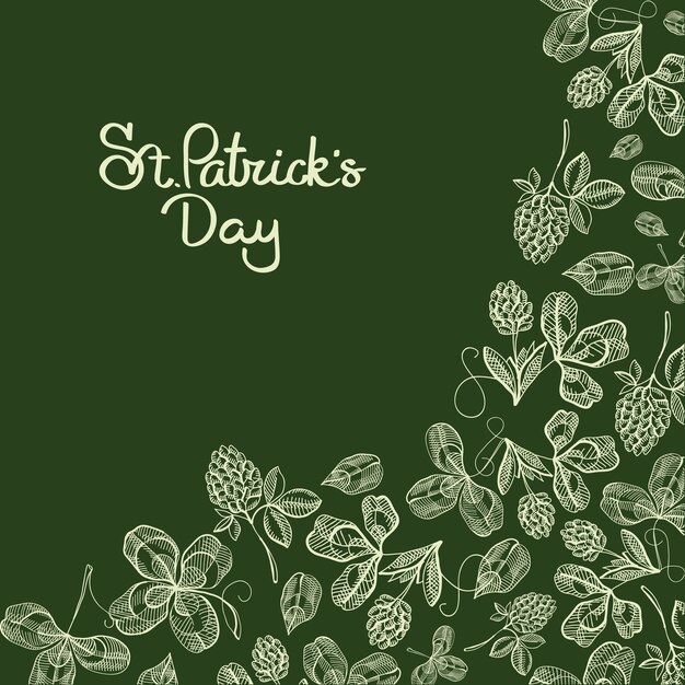 Stylish typography design doodle card with inscription about traditional st. patricks day and white images of clover, hop, blossom vector illustration