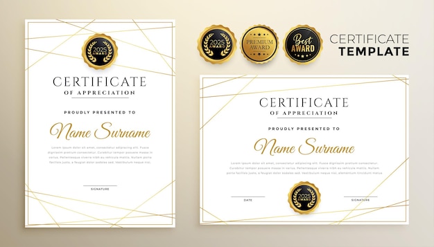 Stylish white certificate template with golden lines design