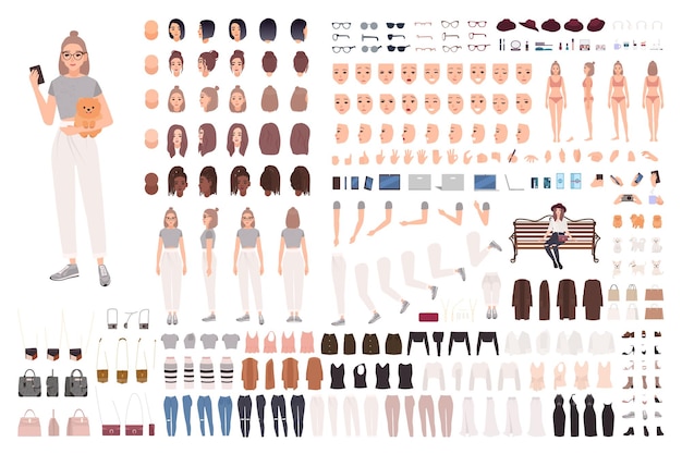 Stylish young woman animation set or constructor kit. collection of body parts, gestures, trendy clothes and accessories.