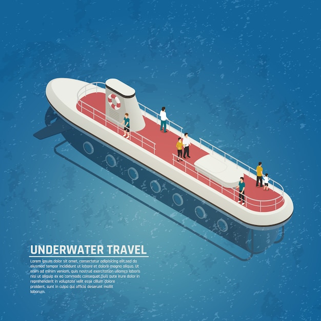 Submarine underwater travel isometric composition