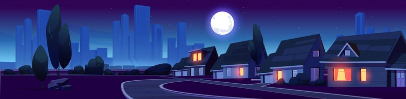 Vettore gratuito quartiere suburbano con case di notte