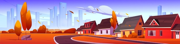 Бесплатное векторное изображение Пригородный район с дорогой домов осенью