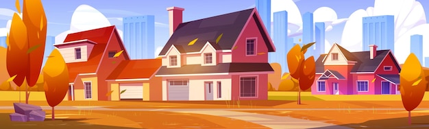 Бесплатное векторное изображение Пригородные дома на осеннем пейзаже с видом на город