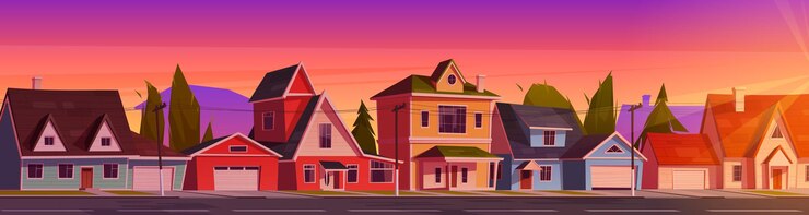 Free Vector suburb houses at beautiful sunset landscape, dusk